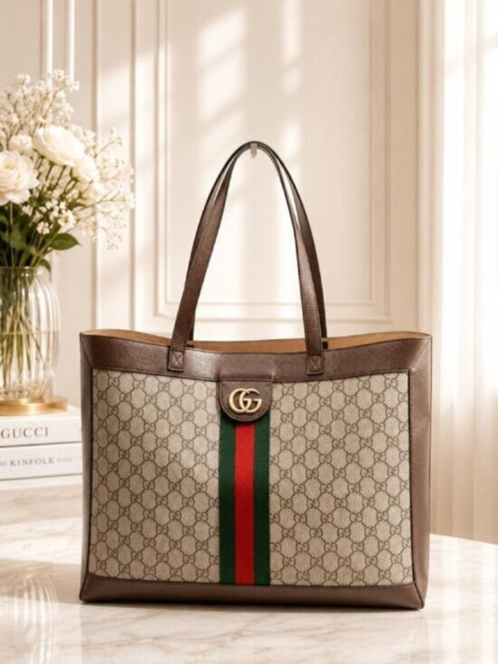 Authentic Gucci Ophidia GG Supreme Canvas Large Tote Bag Web Stripe Shoulder Bag